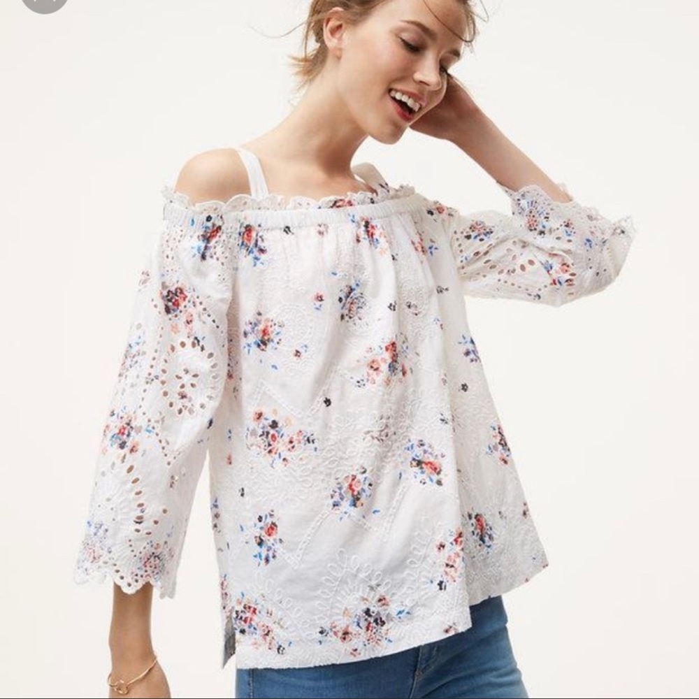 Loft Floral Eyelet Cold Shoulder Top